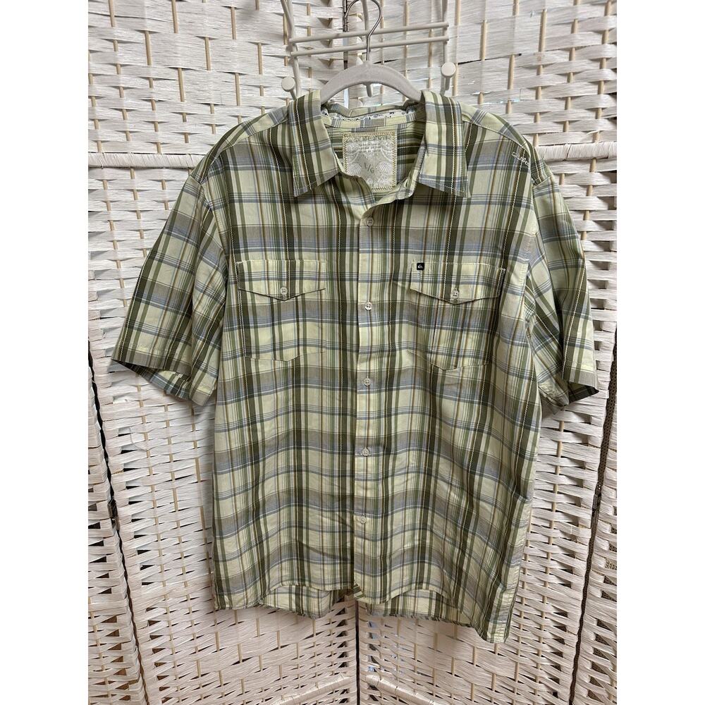 quicksilver waterman short sleeve button shirt large green‎ plaid